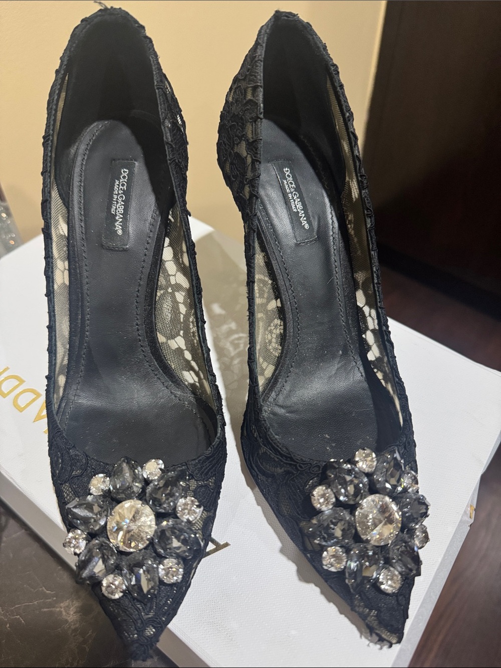 Dolce & Gabbana Black Lace Pointed Pumps with Crystal Brooches